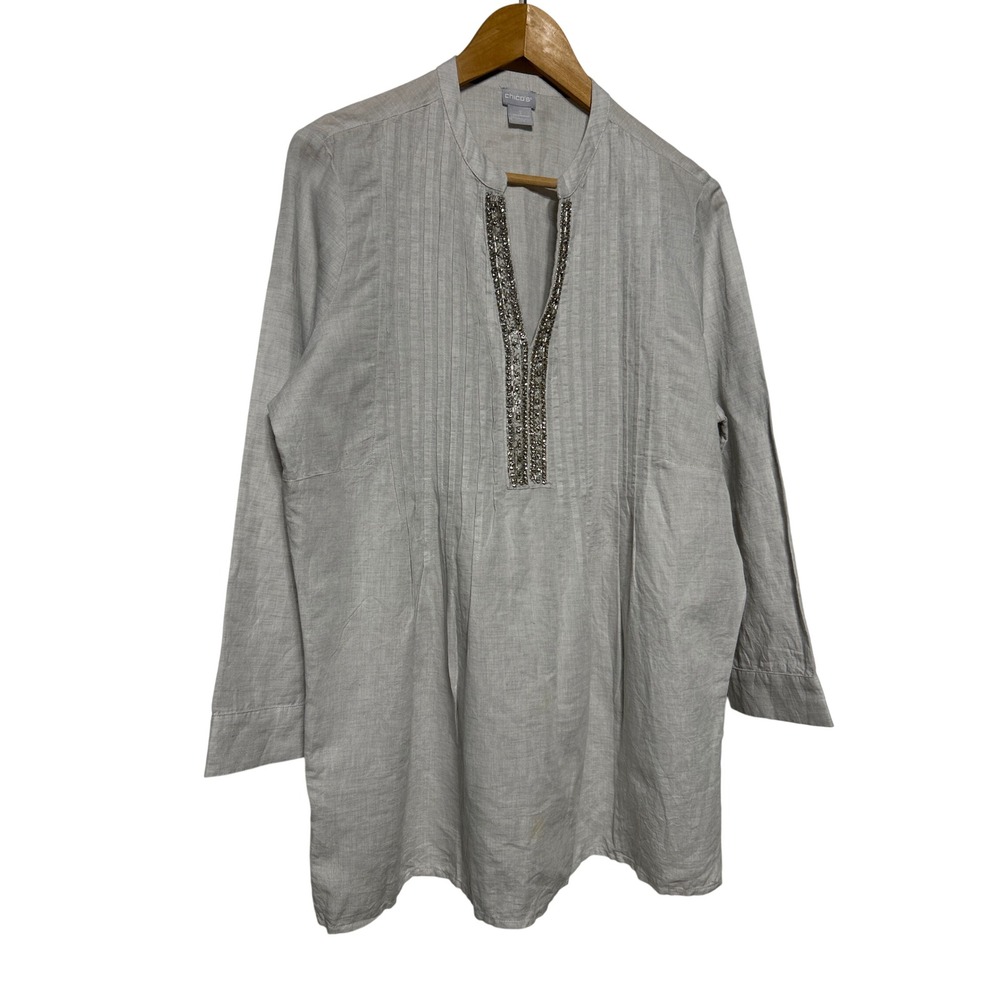 Chicos Linen Blend Split Neck 3/4 Sleeve Embellished‎ Pintuck Tunic Top Sz 2 (L)